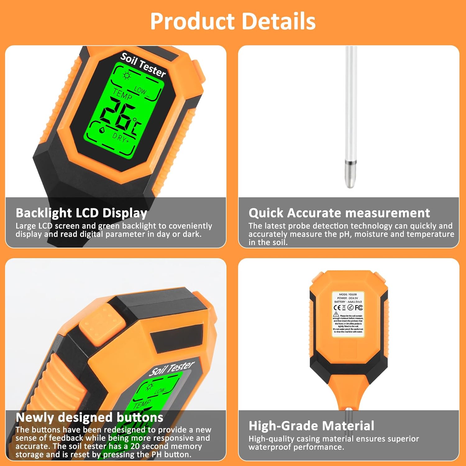 4-in-1 soil moisture meter digital pH meter/soil moisture/plant temperature/sunlight intensity